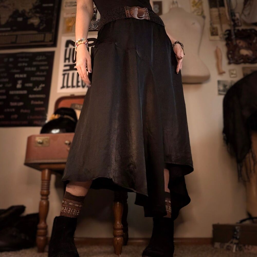 Asymmetrical Satin Midi Skirt Women's 12 Large Black